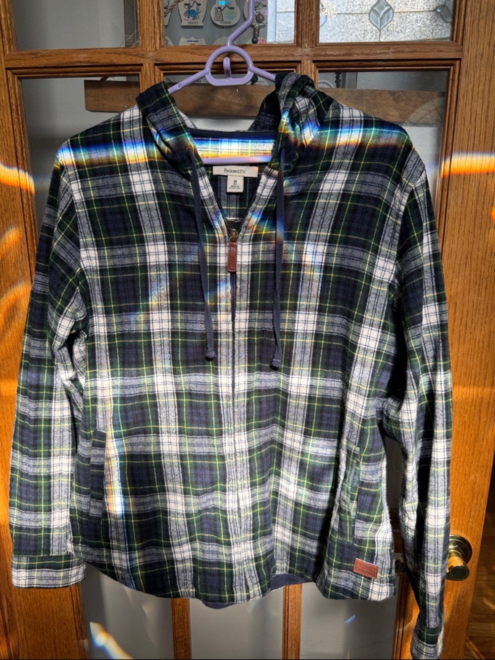 L.L. Bean Navy, White & Green Plaid Utility Jacket with Hood size M